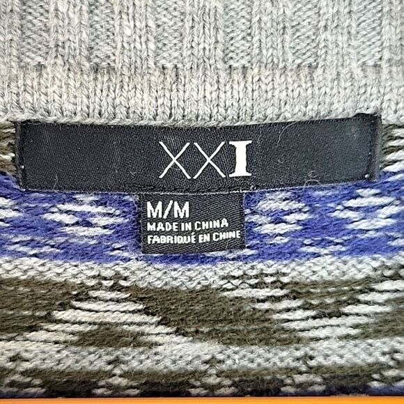 XXI FOREVER 21 Blue Brown Gray Fair Isle Knit Long Sleeved Cardigan Sweater sz M - Picture 11 of 14